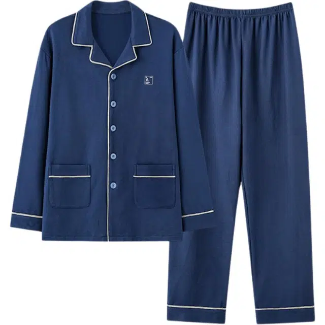 北极绒 长袖简约休闲家居服舒适睡衣套装 男款 宝石蓝