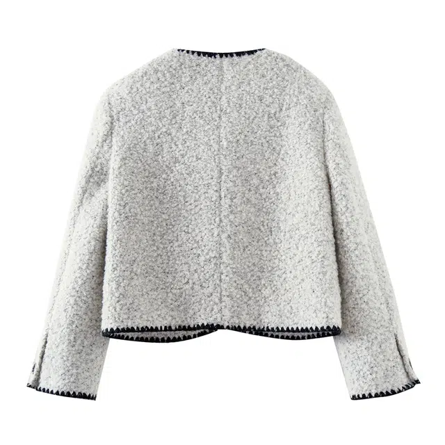 欧昵雪 圆领时尚休闲毛呢舒适绒感外套 女款 浅花灰