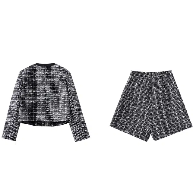 欧昵雪 小香风粗花呢外套时尚简约短裤裙装套装 女款 黑白格