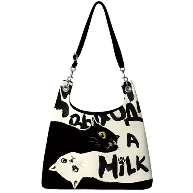 奥松 家用家居夹心小猫斜挎包大容量设计小众通勤拎包 绒面科技布 单肩包 男女同款情侣款 黑色拼白色