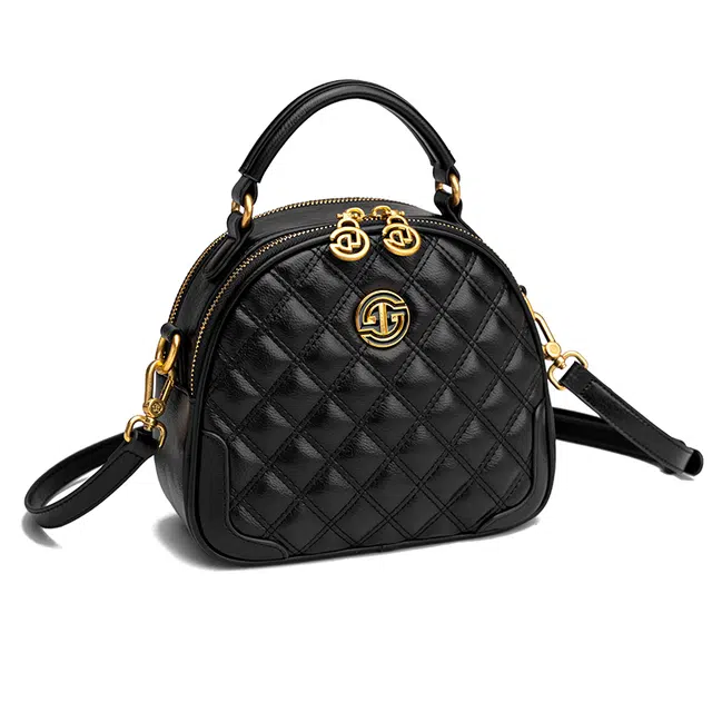 戈兰黛 小圆包双隔层百搭菱格包 牛皮 单肩斜挎包 小号 女款 黑色