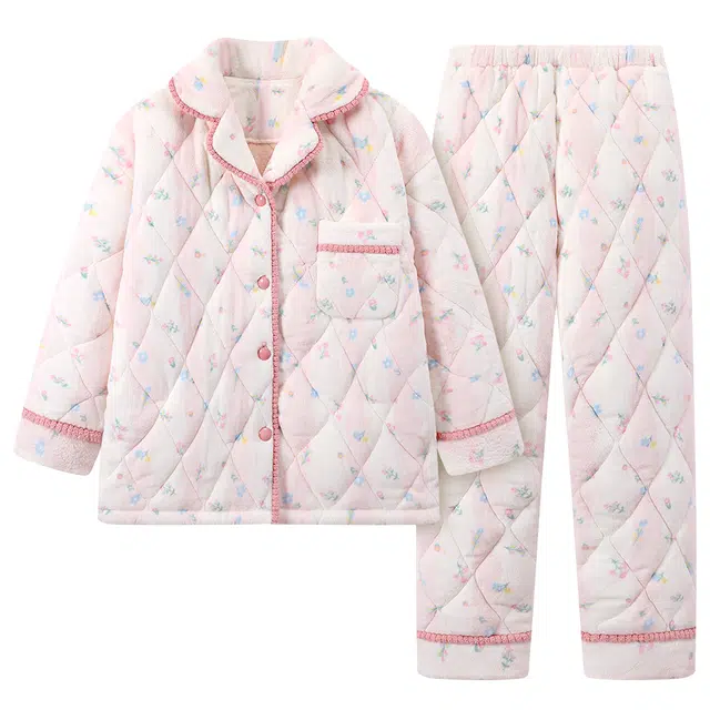 宫蝶 保暖家居服蓄温可外穿卡通开衫睡衣套装 女款 组合装 粉色