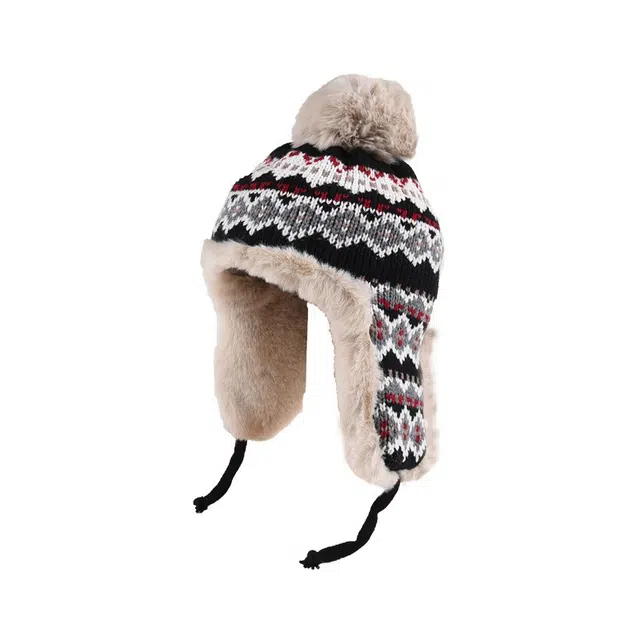 山一丸 保暖加绒加厚东北护耳帽民族风提花 棉涤混纺 绒线帽 男女同款情侣款