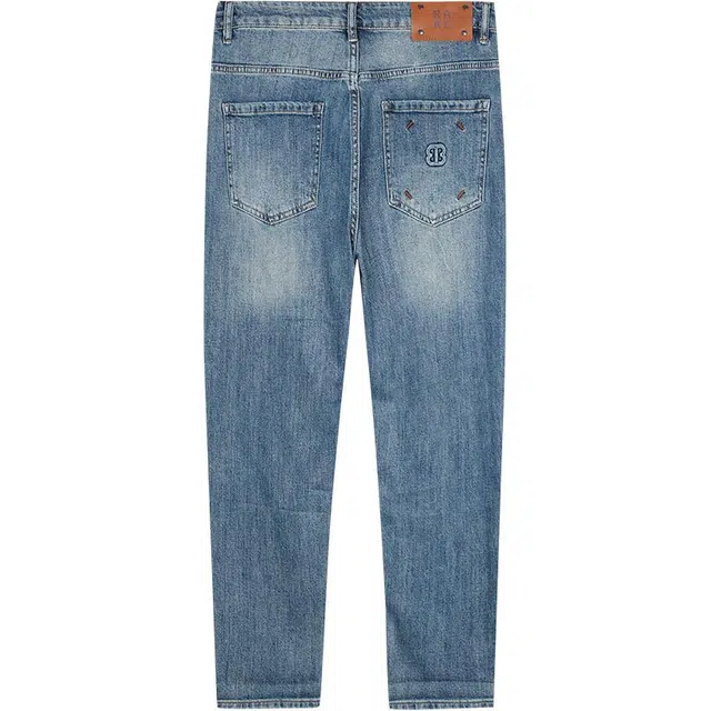 才子 破洞水洗弹力休闲修身牛仔裤 男款 蓝色