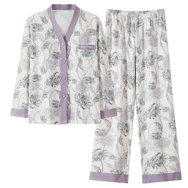 莫代尔 满印时尚亲肤保暖舒适长袖长裤家居服可外穿睡衣套装 女款 杏色