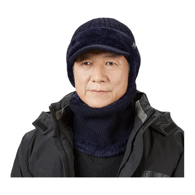 恒源祥 冬季骑车保暖防风 帽子围脖两件套 绵羊毛 绒线帽 男款