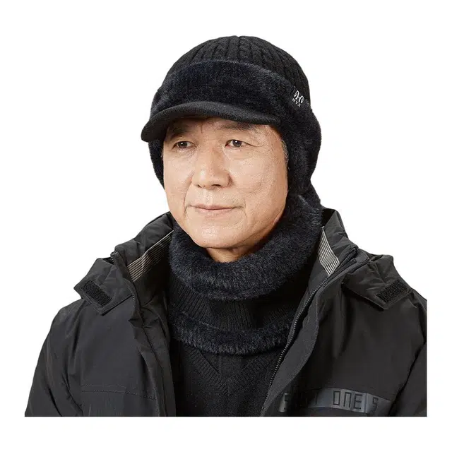 恒源祥 冬季骑车保暖防风 帽子围脖两件套 绵羊毛 绒线帽 男款