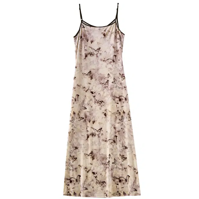 欧昵雪 时尚休闲蝴蝶印花长款气质丝绒吊带连衣裙 女款 花色