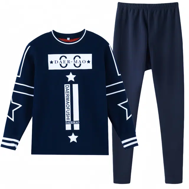 兰缪 青少年圆领加厚黄金绒家居服个性卡通涂鸦不易褪色起球防刮耐磨抗寒蓄热锁温舒适透气可外穿保暖套装 男款