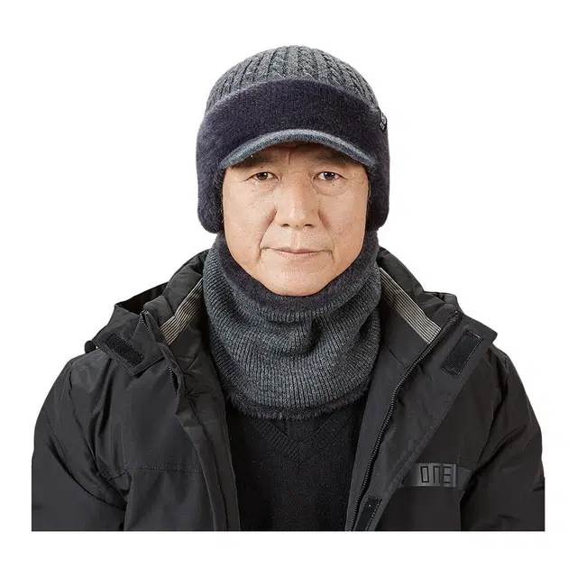 恒源祥 冬季骑车保暖防风 帽子围脖两件套 绵羊毛 绒线帽 男款