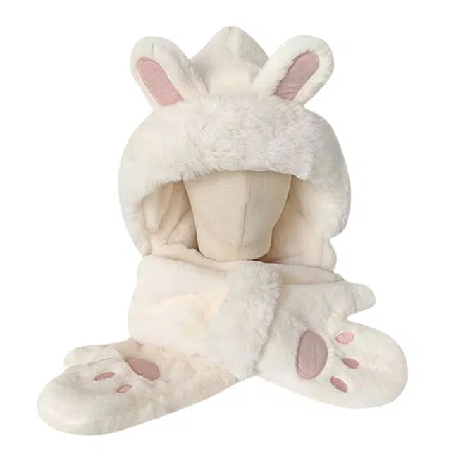 绒绒熊 可爱兔子耳朵帽子围巾一体 创意软萌百搭 冬季保暖 玩偶周边