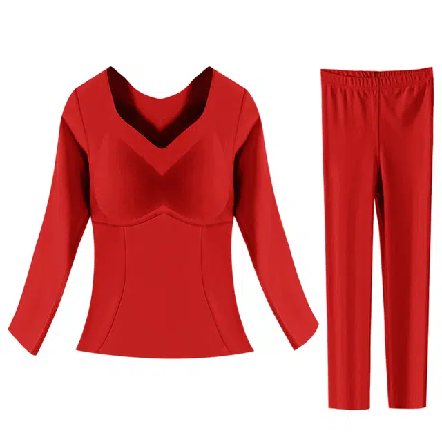 二三二三 无痕加厚纯色德绒打底保暖套装 女款 大红