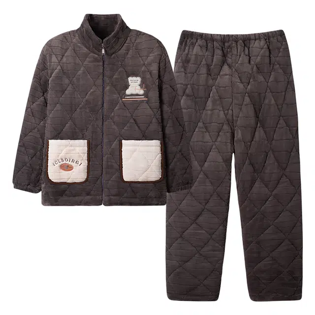 莫代尔 时尚亲肤夹层开衫保暖蓄热不闷热细腻长袖长裤睡衣套装 男女同款