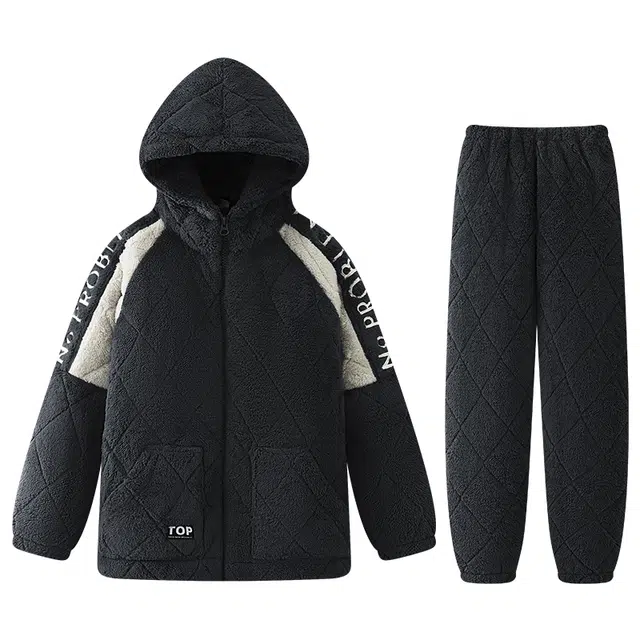 兰缪 保暖连帽简约舒适长袖长裤家居睡衣套装 男款 深灰色