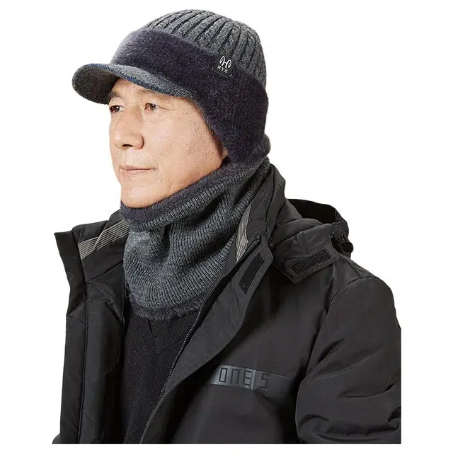 恒源祥 冬季骑车保暖防风 帽子围脖两件套 绵羊毛 绒线帽 男款