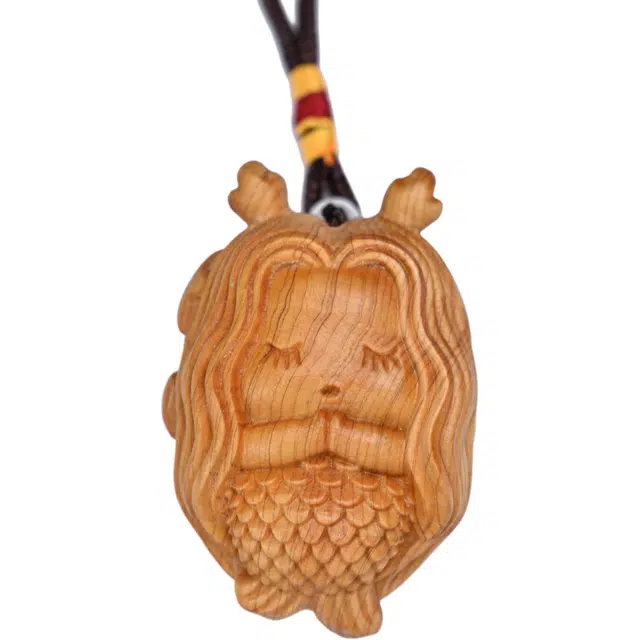 天纵 原木雕刻纳福平安美人鱼手工编绳工艺品挂件  中式好运治愈创意文玩装饰品 崖柏 把件 男女同款情侣款