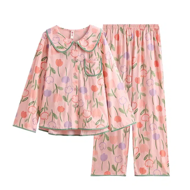 芬腾 舒适长袖长裤甜美可外穿春秋季睡衣套装 女款 浅虾