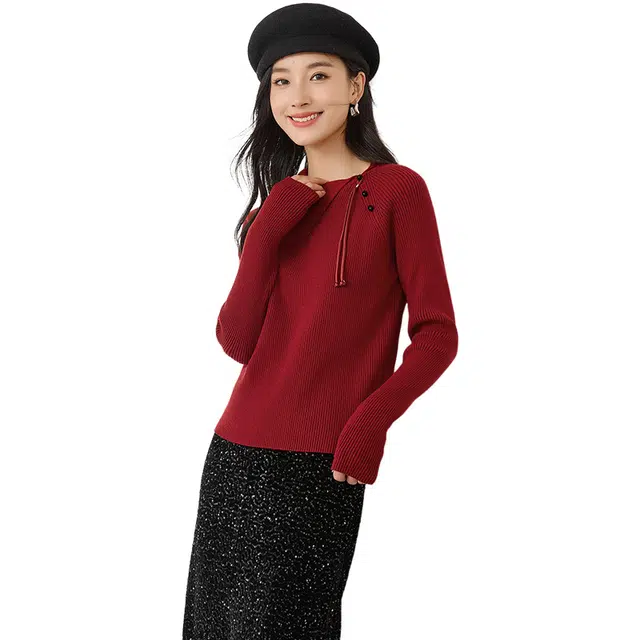 欧昵雪 斜领流苏挂绳时尚气质休闲毛衣 女款 红色