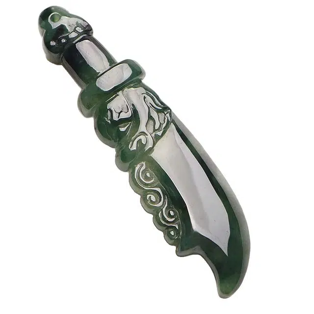 芳翠缘 好运精雕正品水墨写意屠龙宝刀玉 糯种 翡翠吊坠 男女同款情侣款