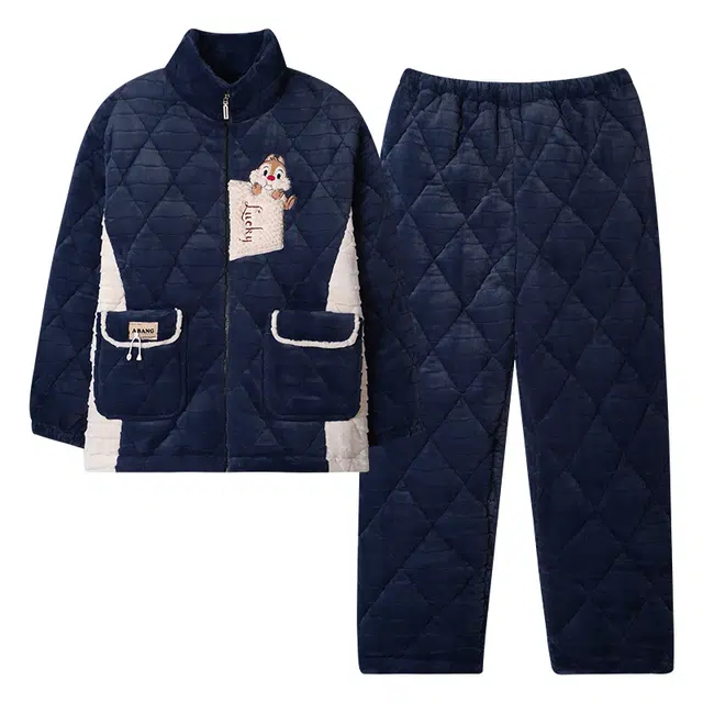 乐姿韵 高级感时尚可爱小松鼠卡通口袋拉链保暖舒适休闲长袖长裤睡衣套装 男款 蓝色