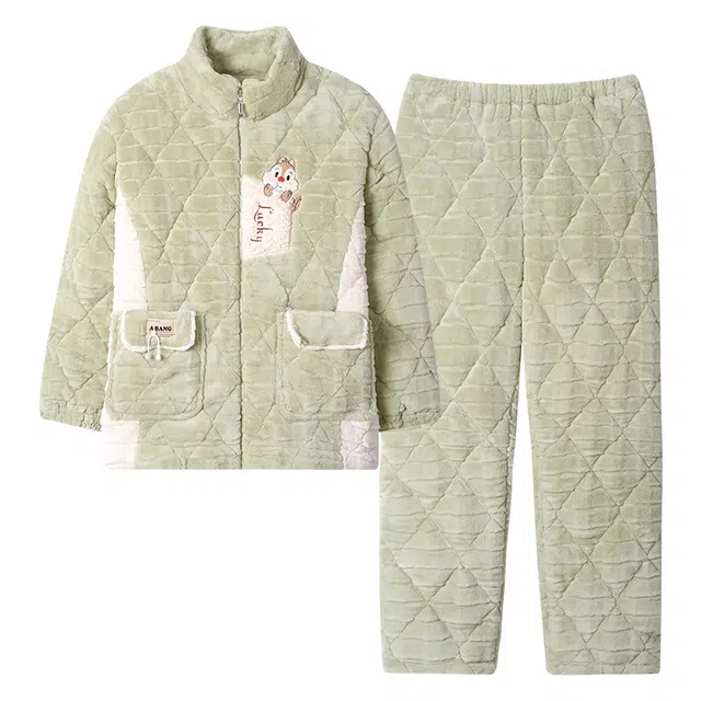 乐姿韵 甜美可爱松鼠卡通口袋三层加厚保暖夹棉长袖长裤宽松舒适拉链家居睡衣套装 女款 绿色