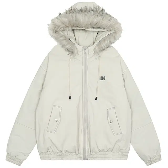 哒头下雨不愁 美式复古纯色毛领保暖舒适长袖小个子休闲时尚高级感连帽设计感派克服宽松棉服 女款