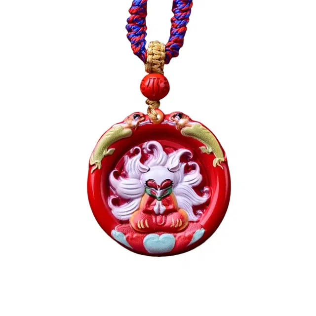 凯真 国潮民族风彩绘九尾狐 正缘桃花爱情甜蜜 喜庆轻奢小众设计编制#好运 朱砂 吊坠 女款