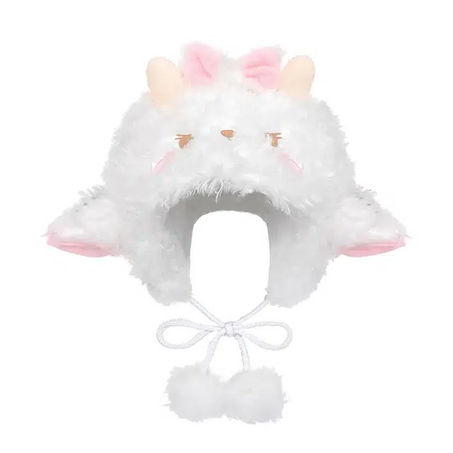 木林森 小羊耳朵帽子秋冬韩版甜美可爱毛绒帽显脸小保暖毛茸茸护耳帽 聚酯纤维 帽子 女款