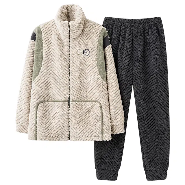 帕兰朵 发热无痕家居服立领亲肤柔软舒适时尚简约风长袖长裤睡衣套装 男款 图片色
