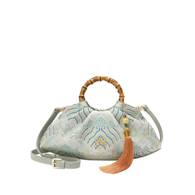 古伊西 海水江崖纹新中式设计时尚百搭 织物 手提单肩斜挎包 中号 女款 玉敛蓝