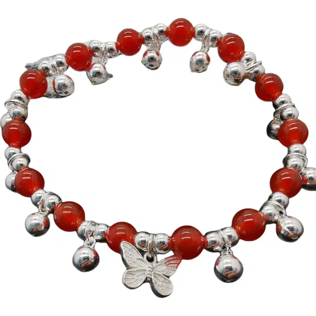 银之岚  铃铛蝴蝶珠串手链红绳编织手链好运 足银手环 纯银手饰 男女同款情侣款