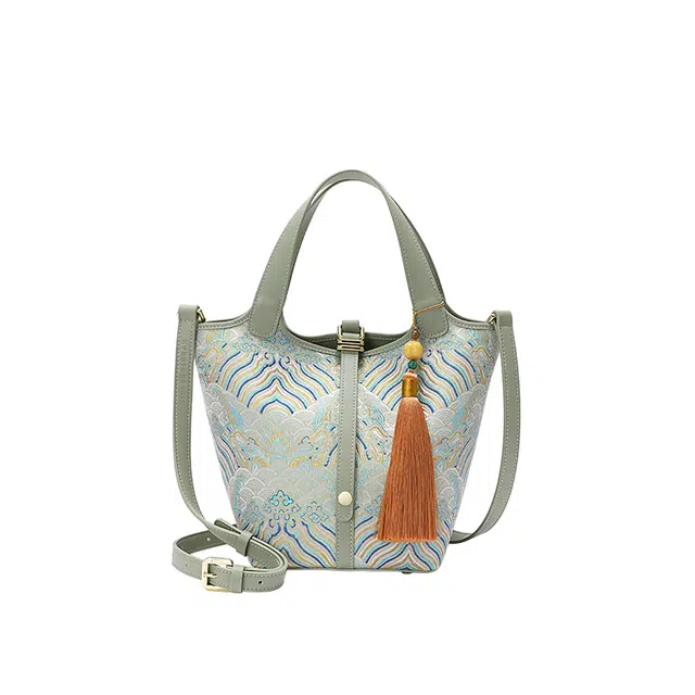 古伊西 海水江崖纹新中国风提花工艺 涤纶 菜篮子包水桶包手提包 中号 女款 玉敛蓝