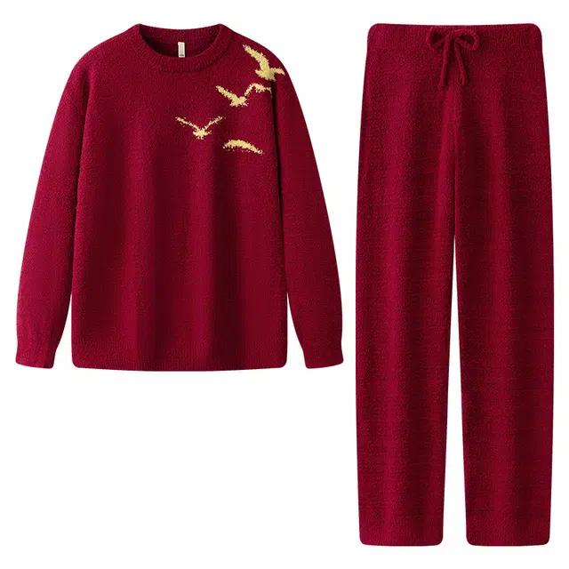 宫蝶 柔软半边绒保暖加厚简约蓄温可外穿家居服睡衣套装 女款 红色