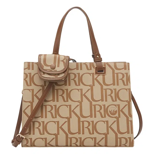 意尔康 时尚印花时尚休闲 人造革 手提包 大号 女款 卡其