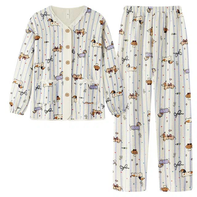 宫蝶 保暖厚款卡通满印可外穿家居服睡衣套装 女款 浅蓝色