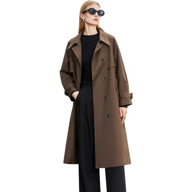 她池 韩版宽松西装领显瘦中长款外套休闲风衣 女款 深咖色