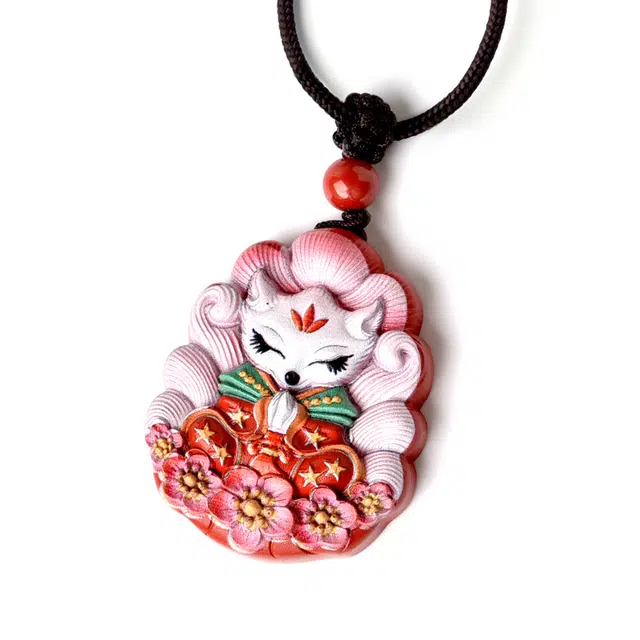 灵菲 真品高含量九尾灵狐红砂挂件高级感彩绘毛衣链首饰生日送礼#好运 再造辰砂朱砂 吊坠 女款