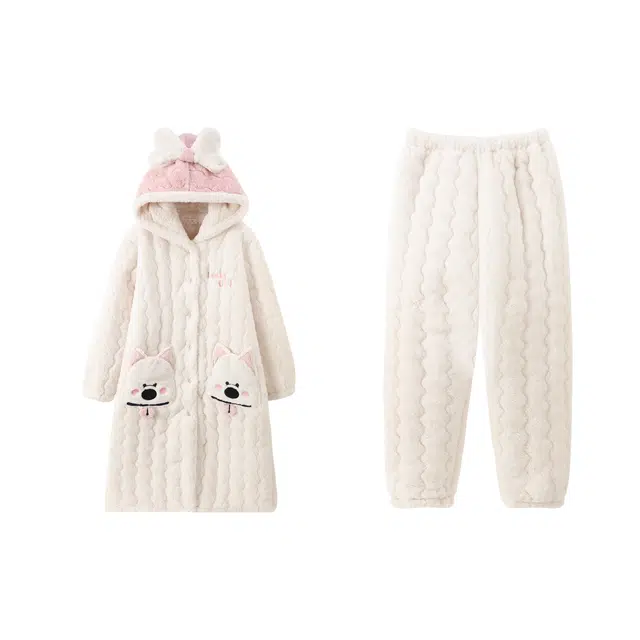 俏霓桐 可爱狗蓄温保暖连帽中长款长袖长裤可外穿睡衣套装 女款 图色
