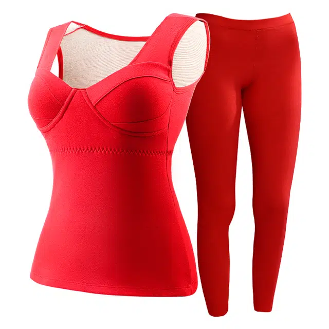 欧迪芬 厚款打底发热升温磨毛高弹带胸垫修身锁温保暖套装 女款