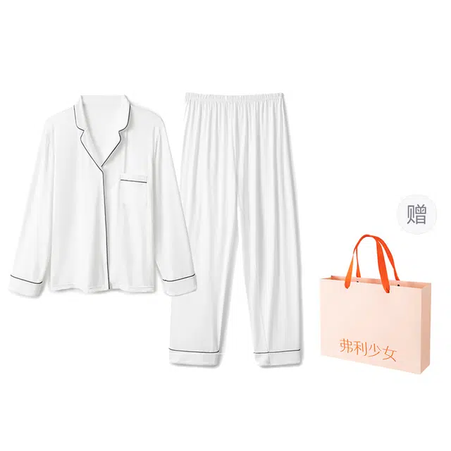 弗利少女 亲肤家居服可外穿简约翻领长袖长裤睡衣套装 男女同款 礼盒装