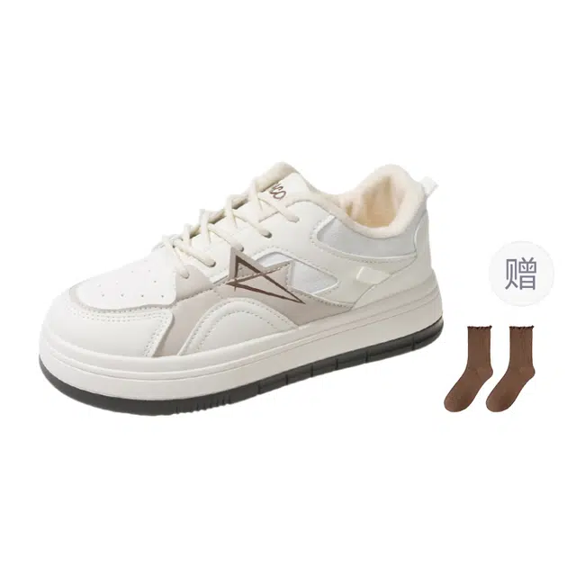 小鹿米利 加绒小白鞋平底可爱休闲运动 防滑耐磨 板鞋 女款 米色