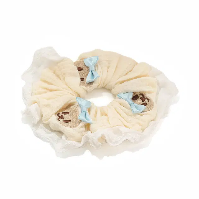如花梦 可爱小熊蓝色蝴蝶结蕾丝大肠 韩系温柔大号 布艺 发圈 女款