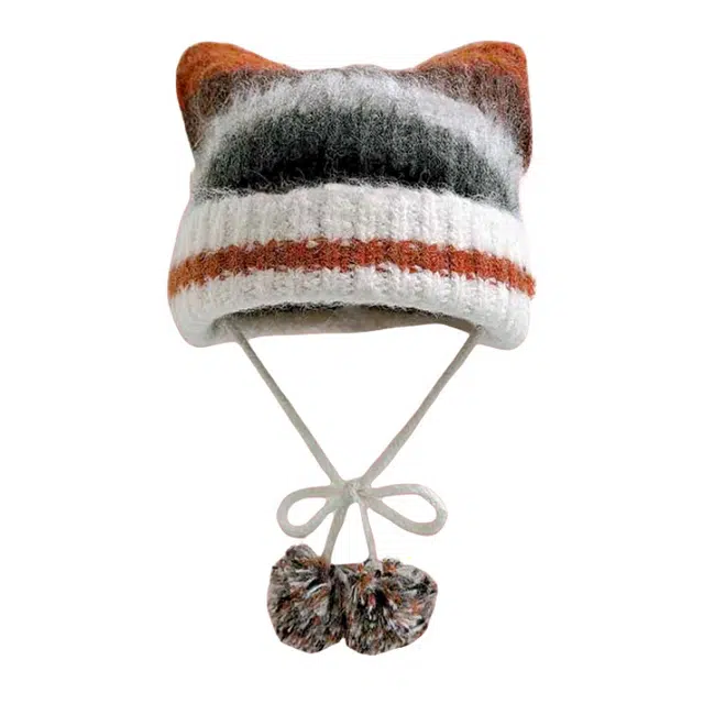 北极绒 冬季亚比风混色条纹猫耳朵学生甜美可爱保暖护耳 聚酯纤维 绒线帽 男女同款情侣款