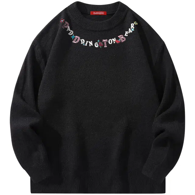 帕丁顿熊 爱心项链玫瑰花高端刺绣宽松休闲百搭打底保暖长袖针织衫 男女同款