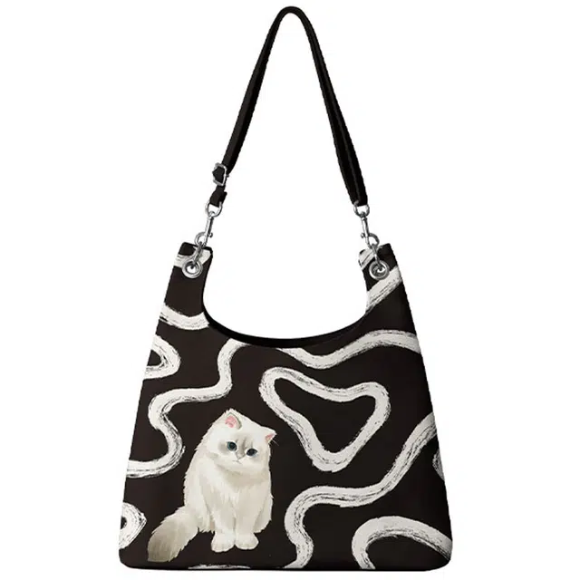 奥松 家用家居波纹猫咪 绒面科技布 腋下包单肩包 男女同款情侣款 黑色/白色