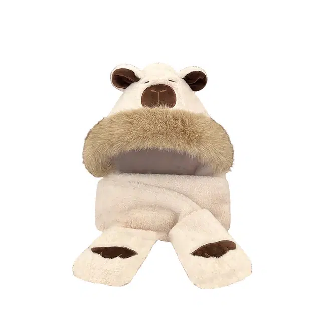 万童乐 卡皮巴拉 帽子围巾一体 围脖手套三件套 可爱治愈 玩偶周边