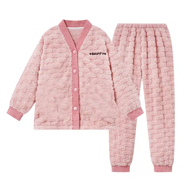 乐姿韵 简约口袋时尚卡通高级感云朵柔软保暖舒适亲肤家居服睡衣套装 女款 粉色