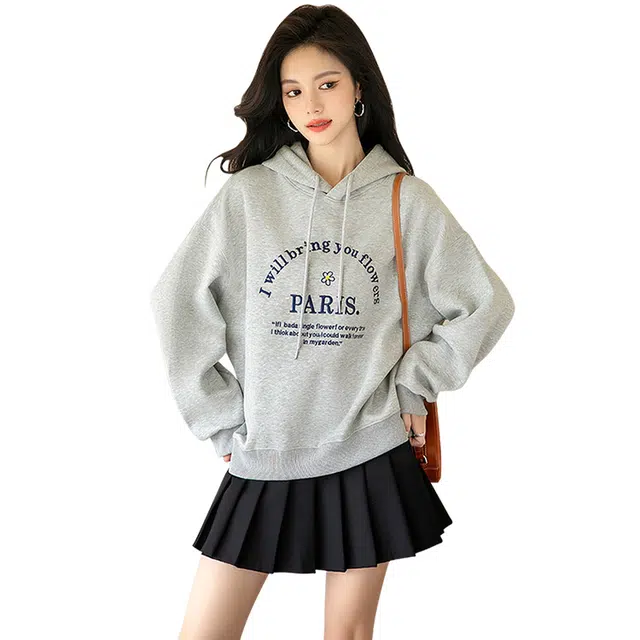 丝柏舍 长袖卫衣撞色字母休闲抽绳连帽套头上衣 女款 浅灰色
