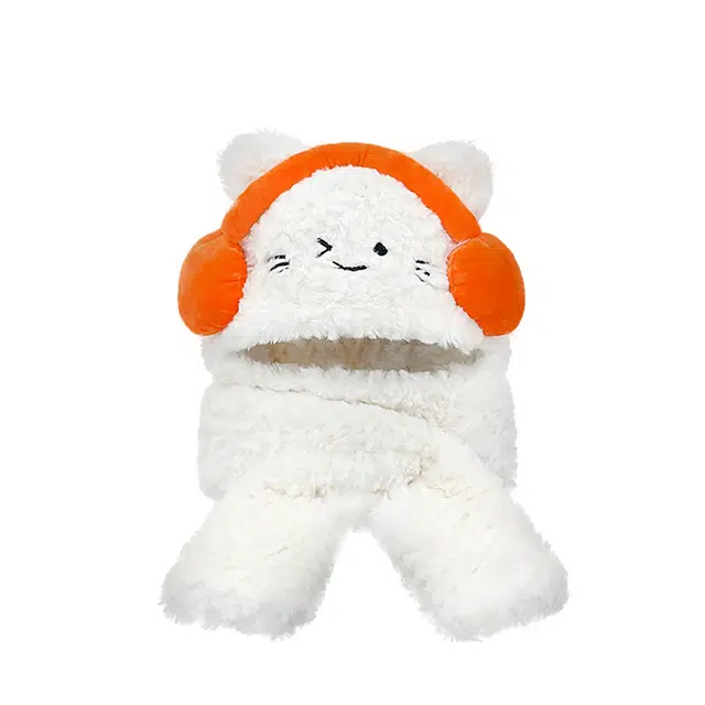 浪莎 可爱卡通耳机小猫毛绒帽女生秋冬加厚保暖帽子围巾一体护耳雷锋帽 涤纶 绒线帽 女款