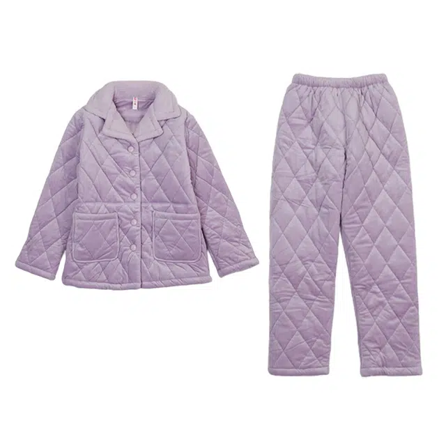 芬腾 珊瑚绒加绒三层加厚保暖通甜美少女棉袄法兰绒夹棉休闲长袖长裤睡衣套装 女款 丁香紫